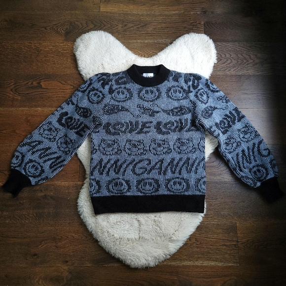 Ganni Smiley Logo Intarsia Wool Knit Puff Sleeve Jumper Sweater - Picture 3 of 12